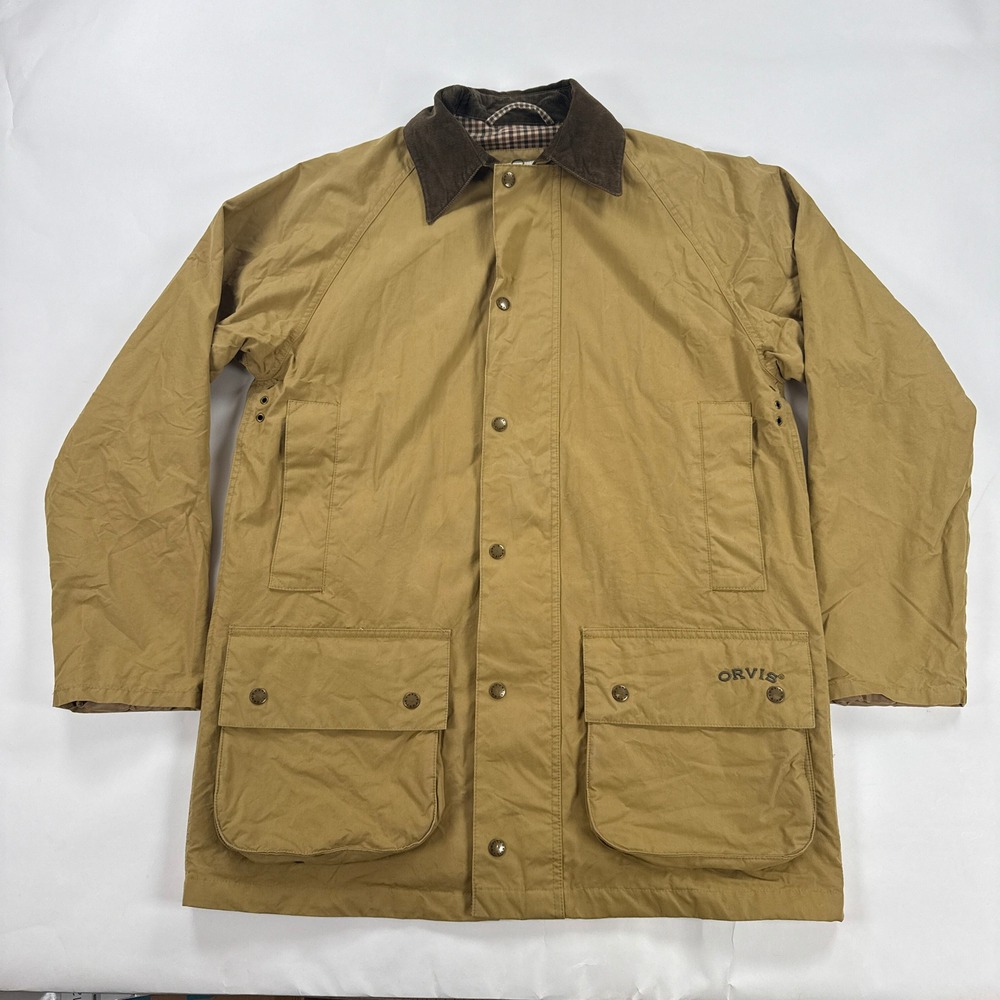 Vintage Orvis Barn Coat Mens Medium Tan Canvas Jacket Corduroy Field Chore